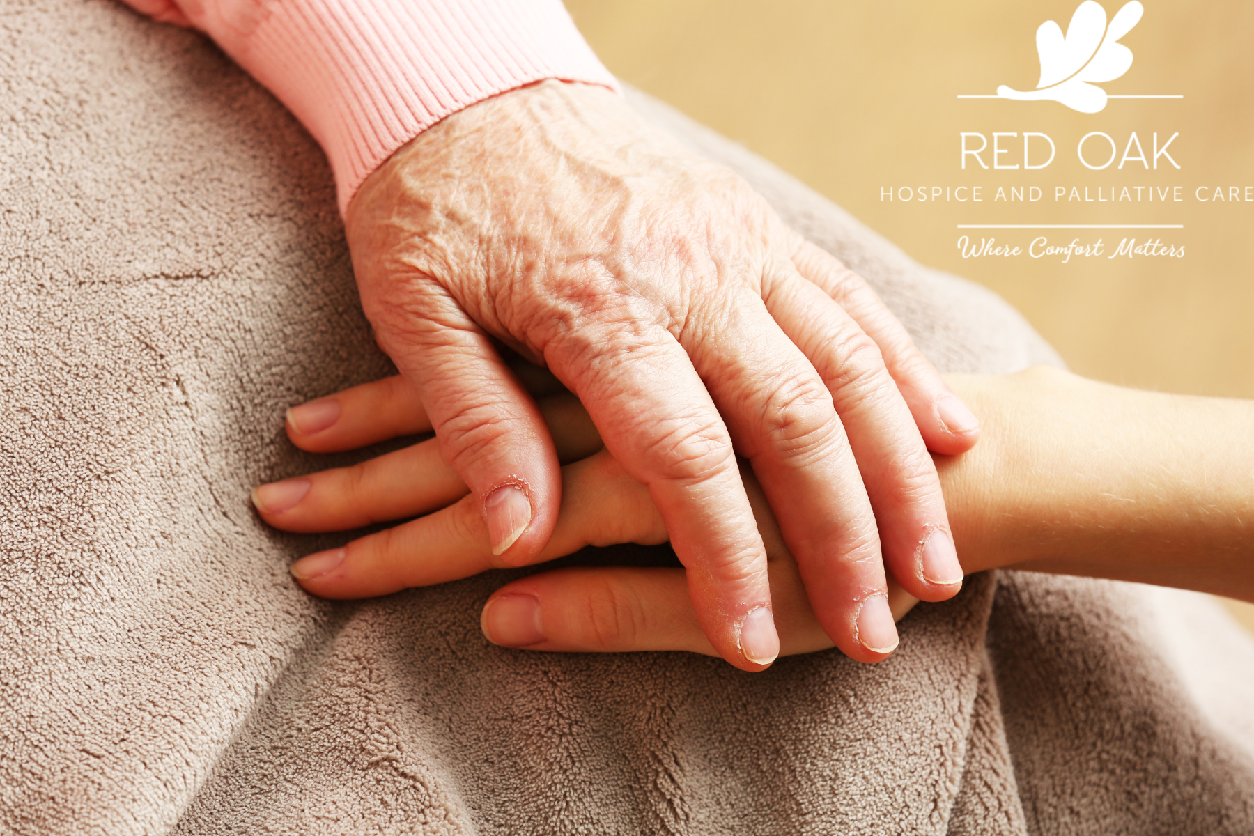 A younger hand holding an elderly resident's hand in a comforting gesture at Red Oak Hospice and Palliative Care.
